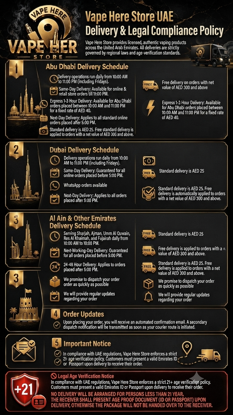 Vape_Here_Store_UAE-Delivery_Policy_Schedule in Dubai, Abu Dhabi & other UAE Emirates